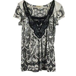 One World Black & White Paisley Lace V-Neck Top S